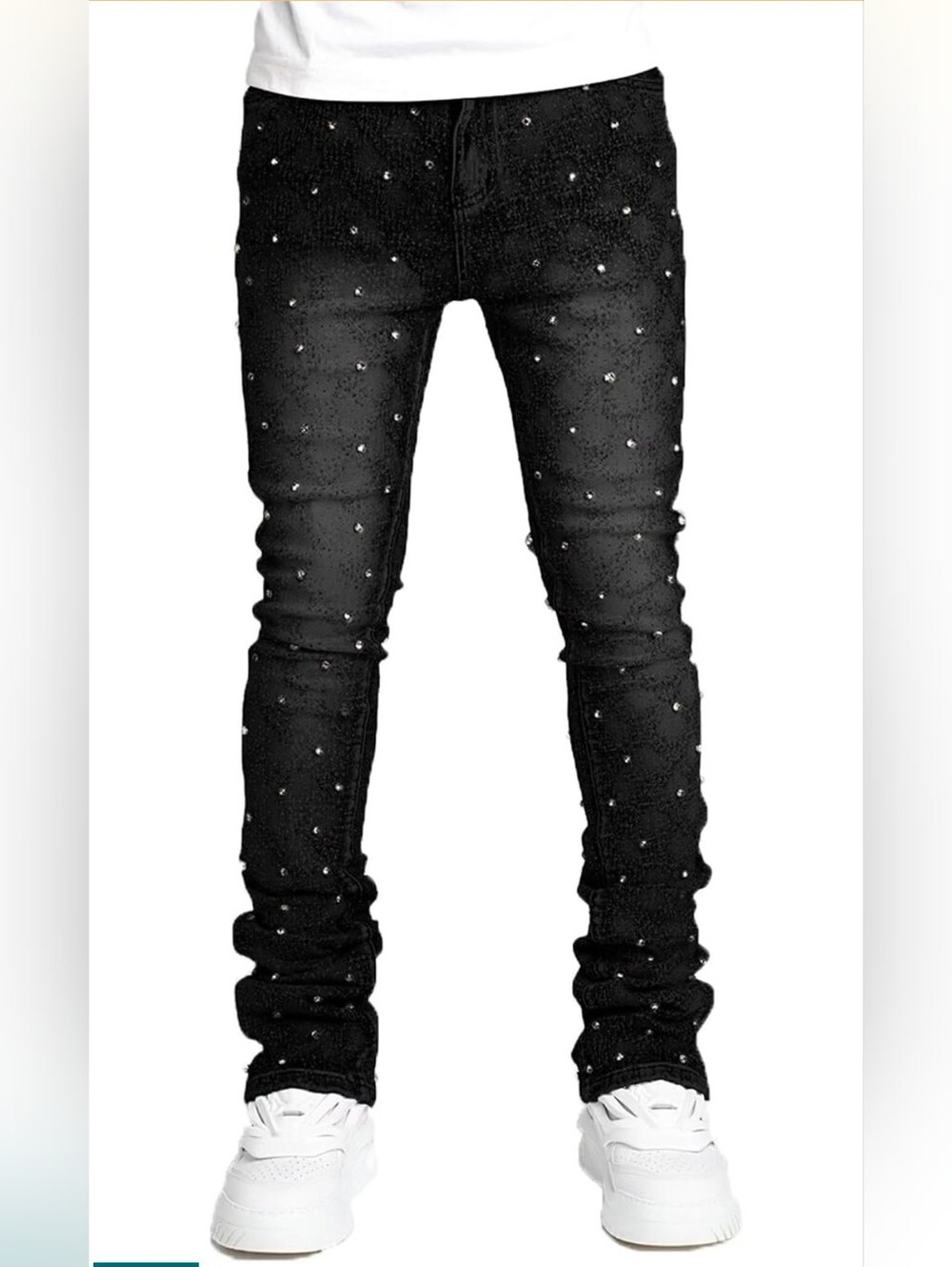 Men Rhinestone Skinny Ripped Jeans Y2k Stretch Slim Fit Stacked Jeans Grunge Den
